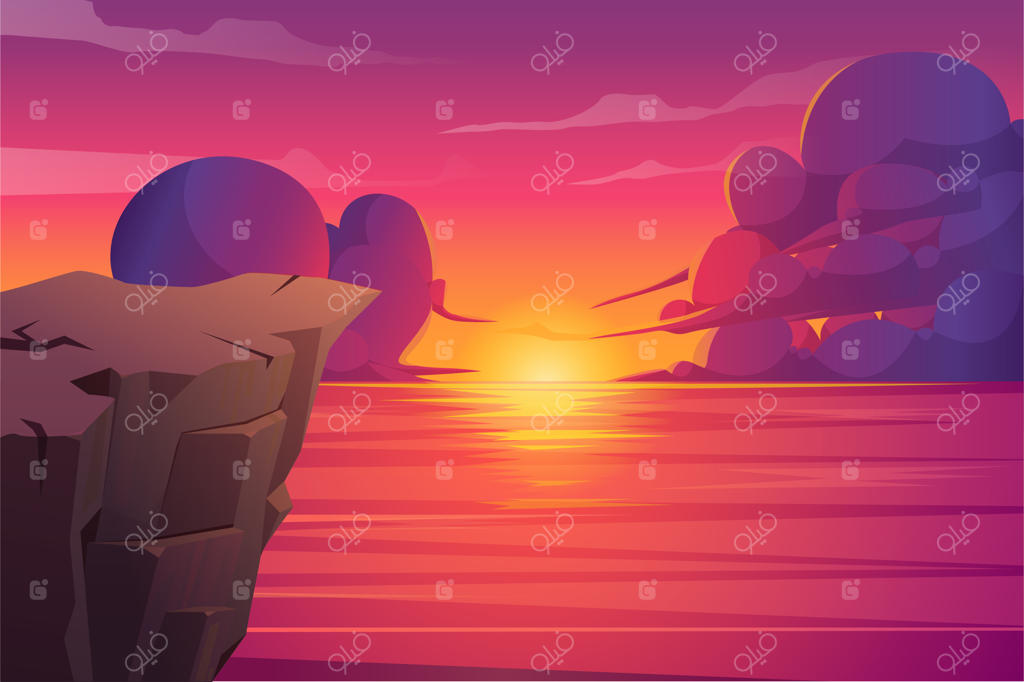 غروب خورشید در منظره اقیانوس با ابرهای بزرگ و صخره‌ها