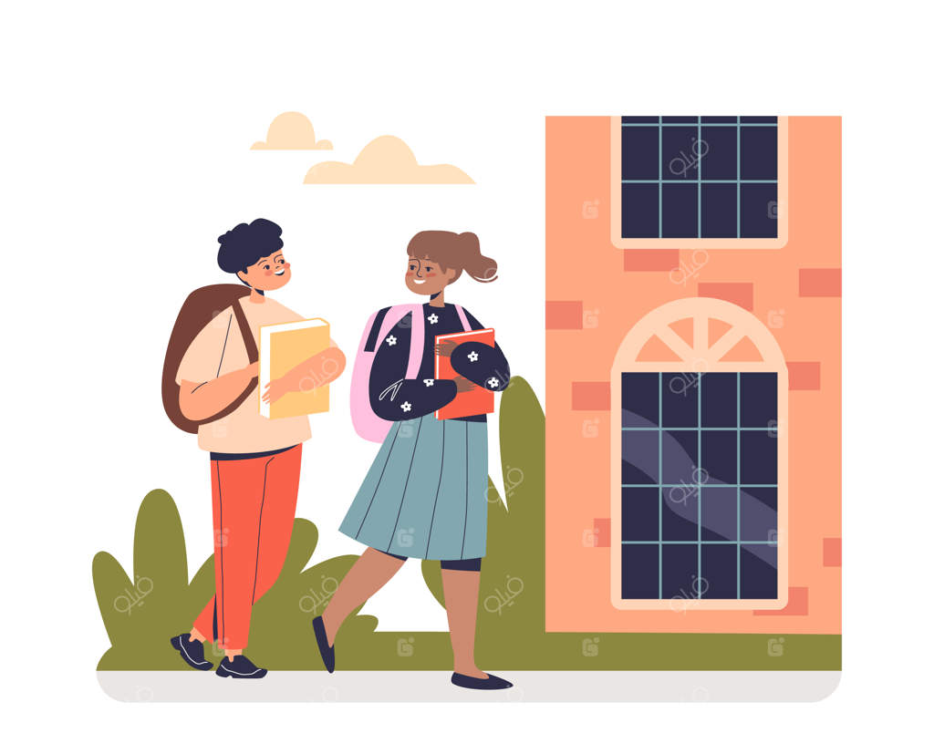 پسر و دختر مدرسه‌ای با هم به مدرسه می‌روند؛ دوستانی که با هم به کلاس صحبت می‌کنند.