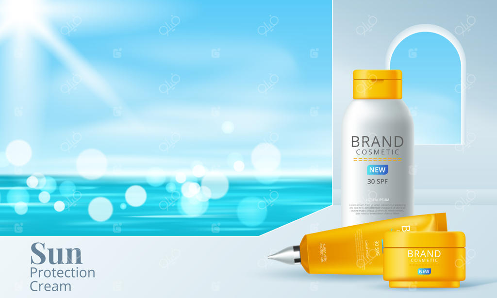 قالب تبلیغات کرم ضد آفتاب، طراحی محصولات آرایشی محافظ پوست در برابر آفتاب