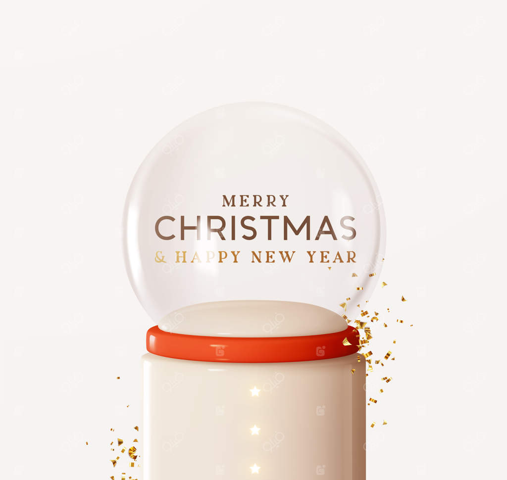 گوی شیشه‌ای برفی کریسمس روی سکو گرد استودیو با تزئیناتی از کاغذهای طلایی. طراحی واقعی و سه‌بعدی جشنواره. کریسمس مبارک و سال نو پیروز. پس‌زمینه روشن تعطیلات. تصویر وکتوری.