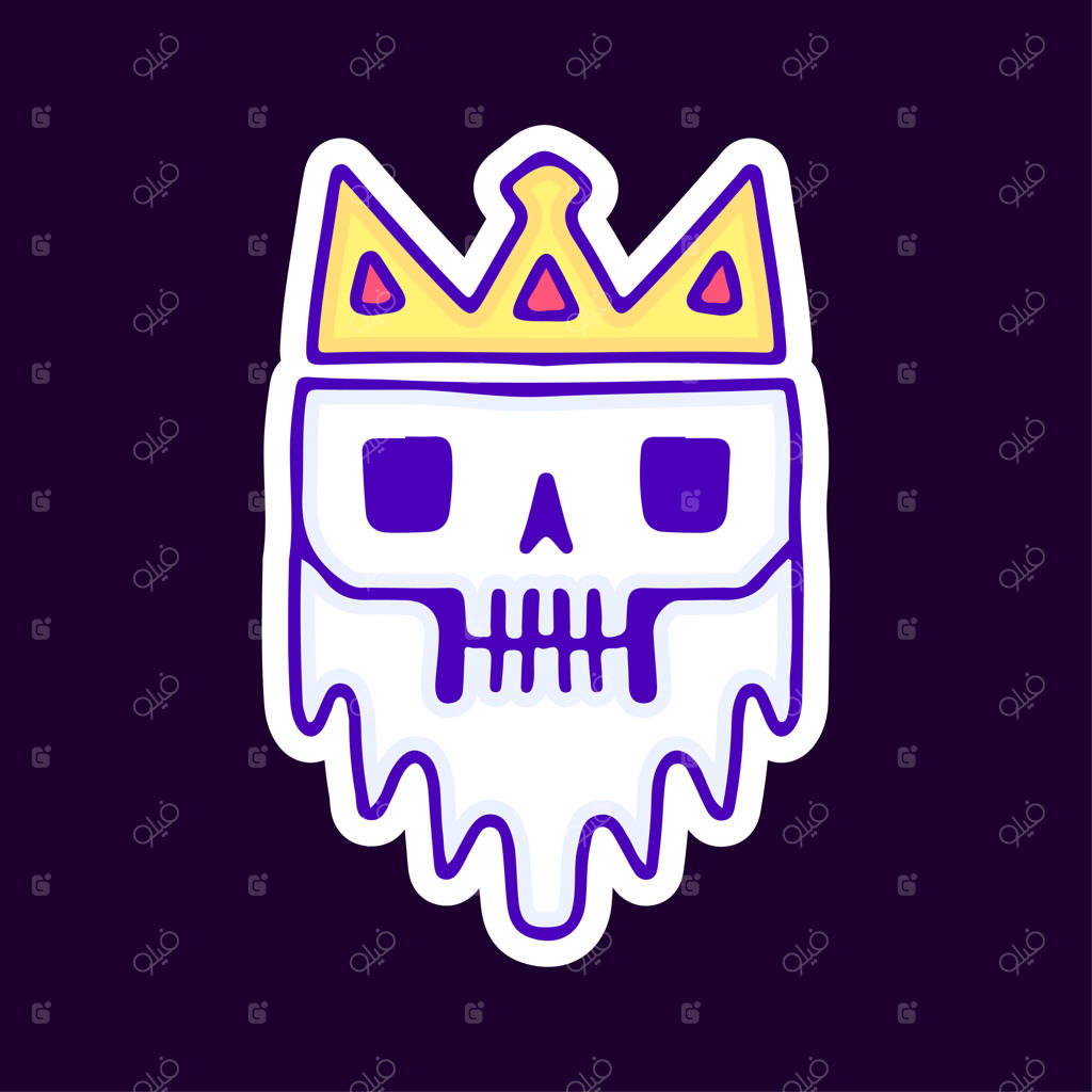 کارتون جمجمه پادشاه ذوب‌شده؛ تصویرسازی برای تی‌شرت، برچسب یا محصولات پوشاکی.