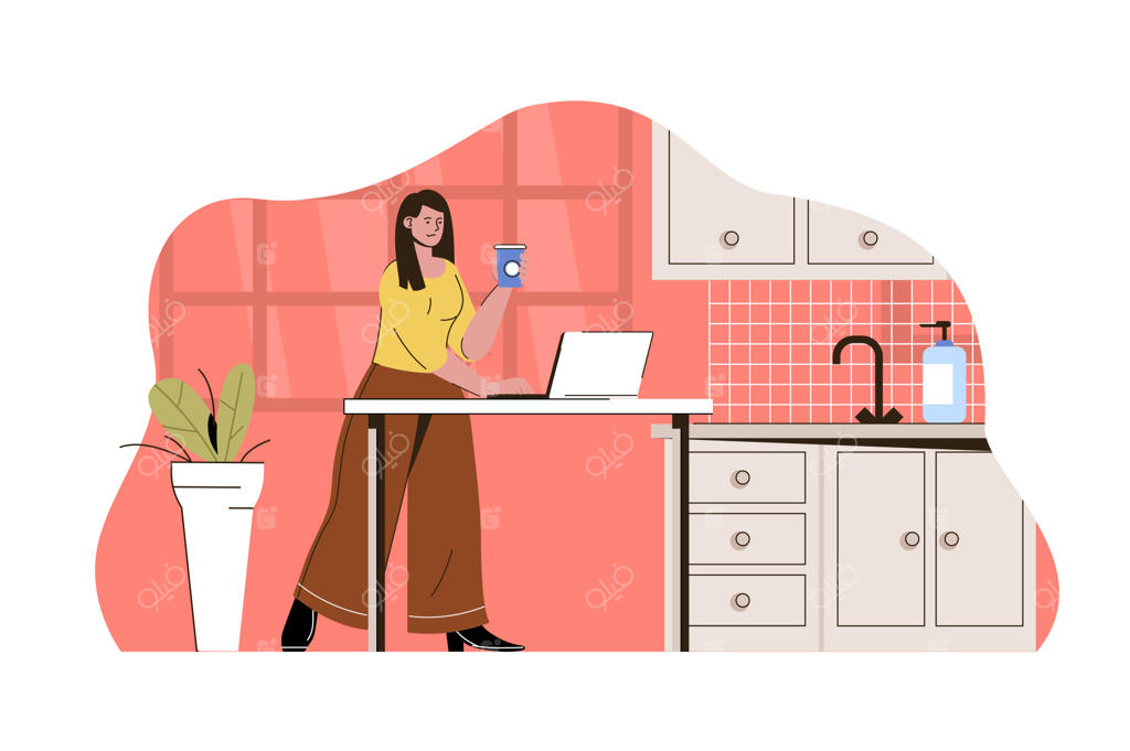 زن دورکار در حال کار در آشپزخانه منزل با مفهوم برون‌سپاری