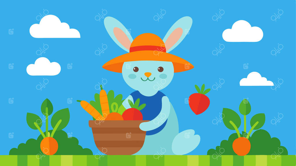 زمان برداشت: یک خرگوش پرانرژی با کلاه آفتاب‌گیر در باغ نشسته و سبدی پر از هویج تازه برداشت‌شده را با افتخار در دست دارد. باغ پر از زندگی است و ردیف‌های سبزیجات متنوع در آن می‌رویند.