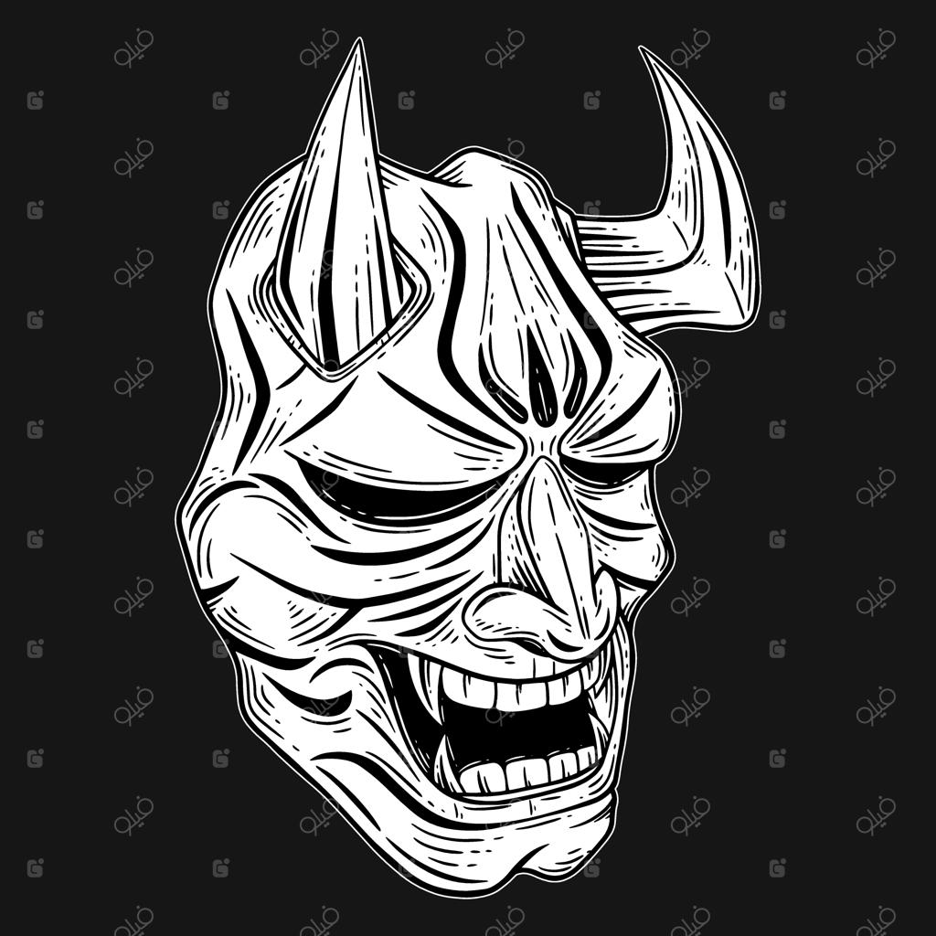 تتو ماسک شیطان ژاپنی به سبک هنری تاریک و حکاکی دستی