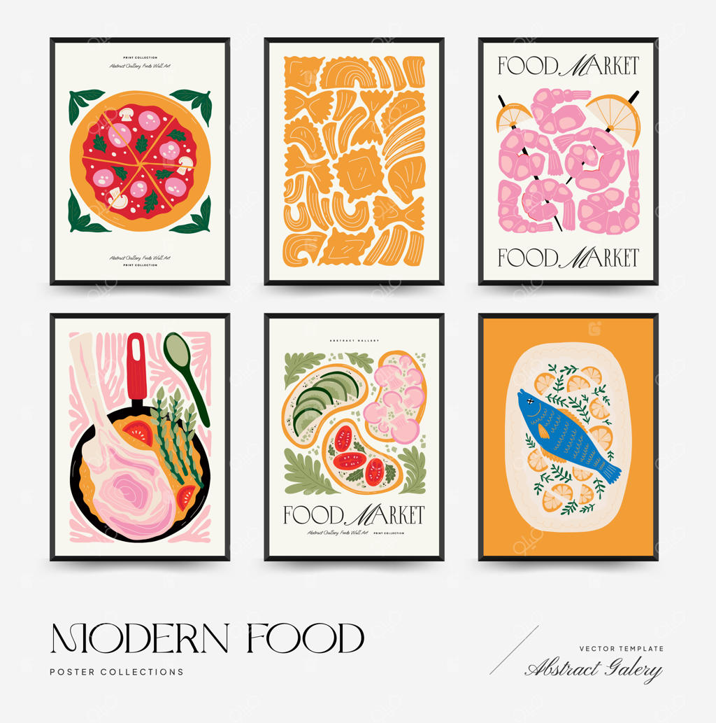 قالب پوستر مدرن و انتزاعی غذا به سبک مینیمال و ماتیس برای دکور آشپزخانه و رستوران
