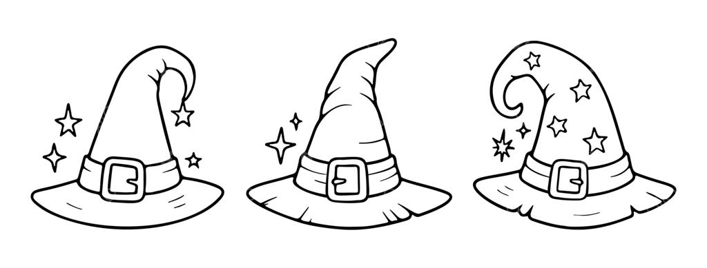 مجموعه آیکون کلاه جادوگر، طراحی خطی به سبک سیاه و سفید دست‌نویس. ایده‌آل برای لوگو، خالکوبی، برنامه، کتاب رنگ‌آمیزی، طراحی وب، اینفوگرافیک، بنر و پوستر.