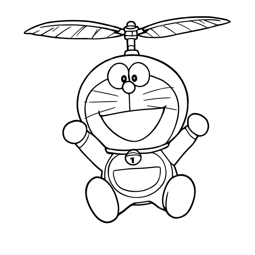 شخصیت کارتونی بامزه گربه رباتی با ملخ پرنده - صفحه رنگ‌آمیزی خطی