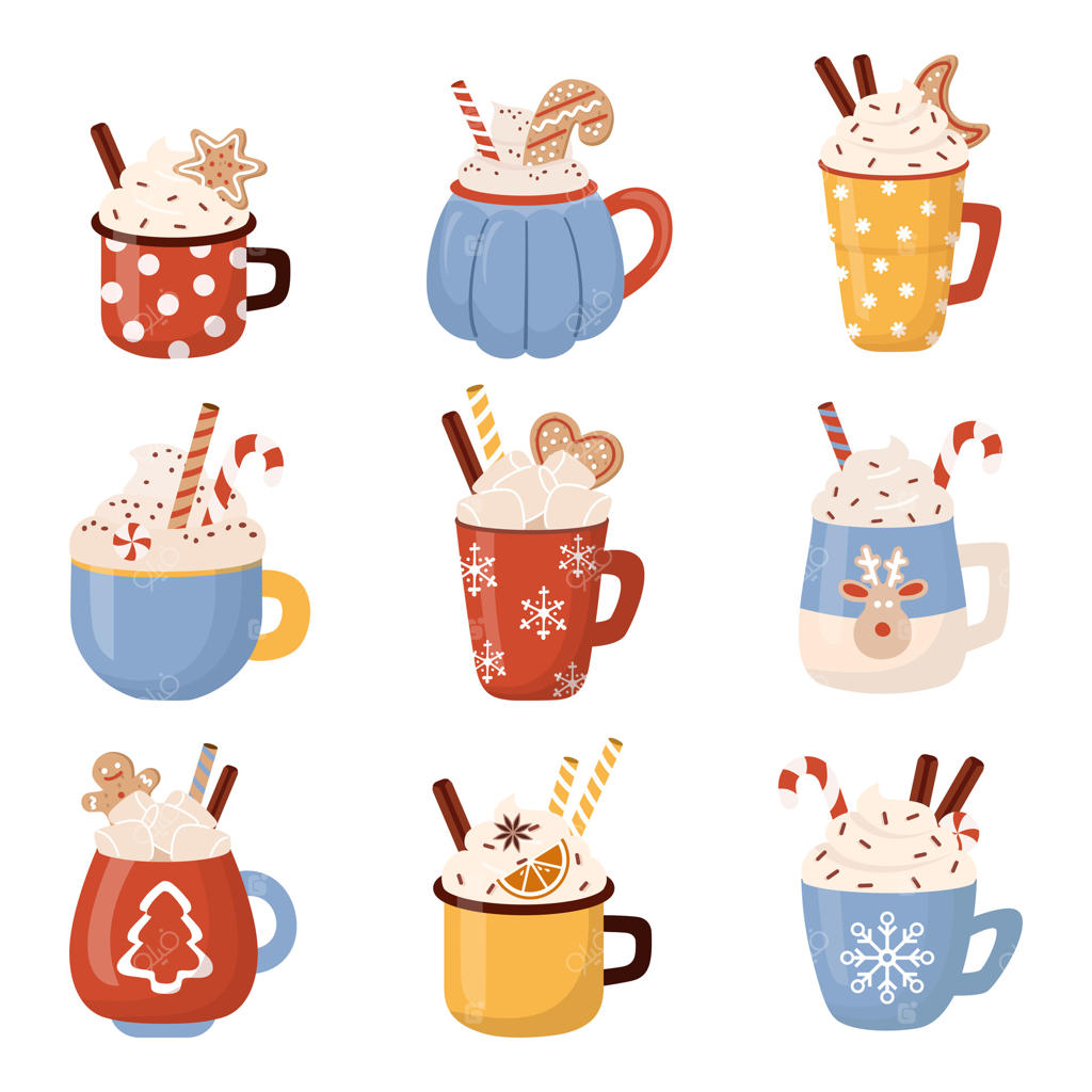 تصویر نوشیدنی‌های گرم زمستانی کریسمس به سبک تخت: قهوه، چای کاکائو با خامه، دارچین، مارشمالو، آبنبات چوبی و کوکی‌های زنجبیلی.