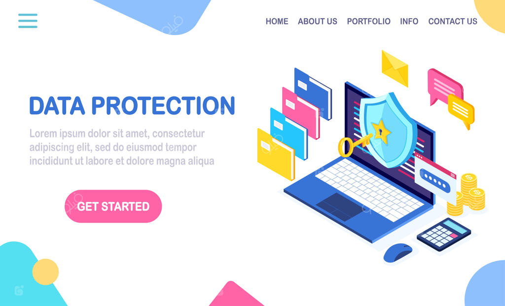 حفاظت از داده‌ها: امنیت اینترنت و دسترسی خصوصی با رمز عبور. طراحی ۳D کامپیوتر با کلید، قفل، سپر، پوشه و پیام برای بنر