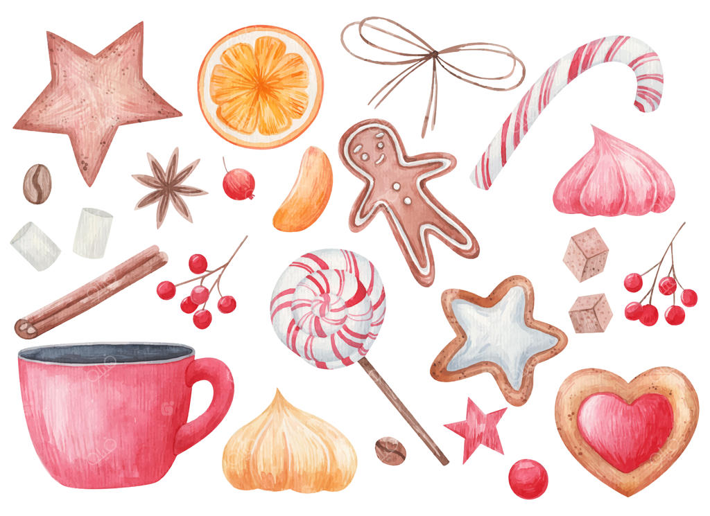 مجموعه کریسمس: ادویه‌ها و خوراکی‌های کریسمس، آب‌نبات چوبی، فنجان قهوه، برش‌های مرکبات، کوکی‌ها، بادیان ستاره‌ای، تصویر آبرنگی روی پس‌زمینه سفید