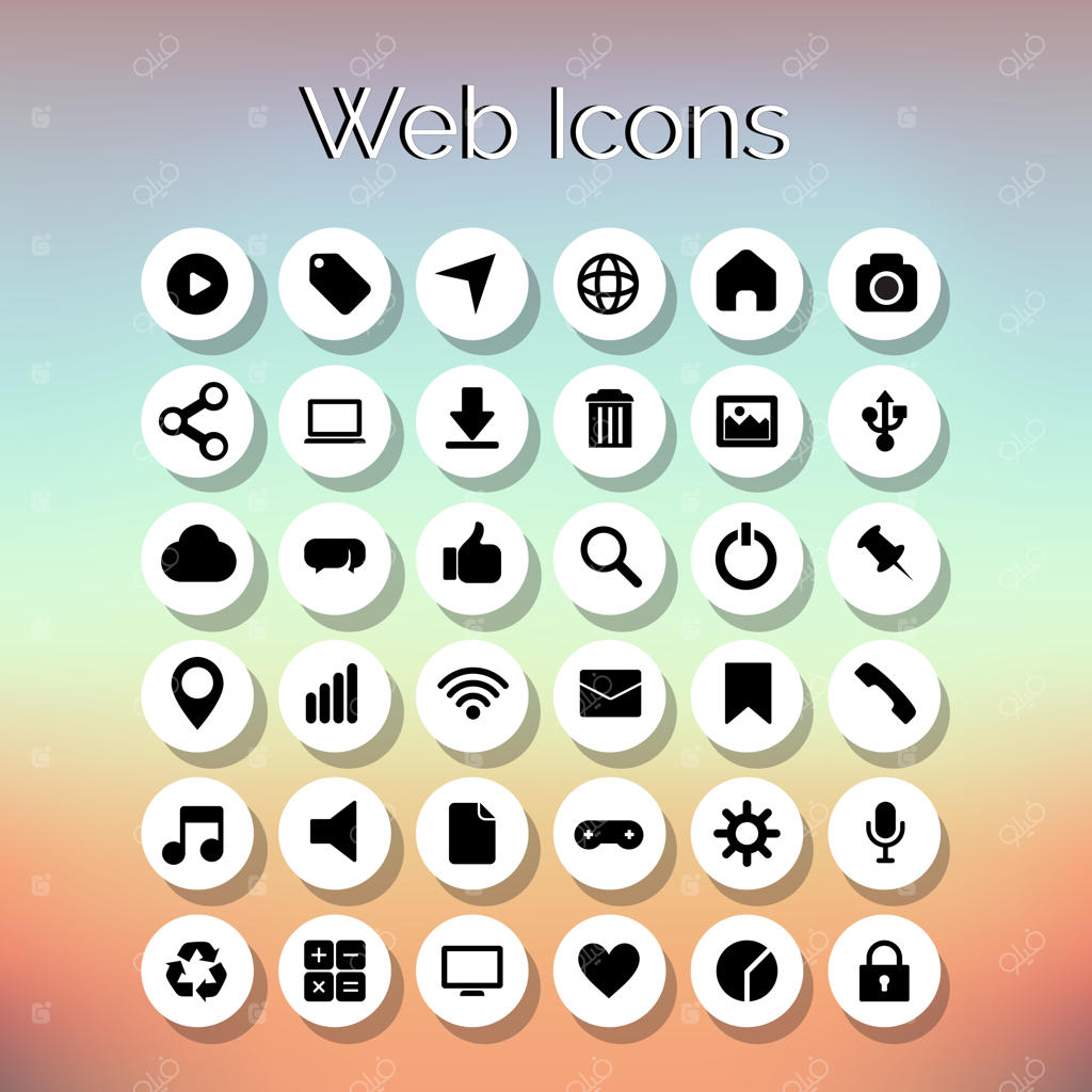 مجموعه ۳۶ آیکون وب‌سایت و اپلیکیشن سیاه و سفید با پس‌زمینه گرادینت روی تبلت
