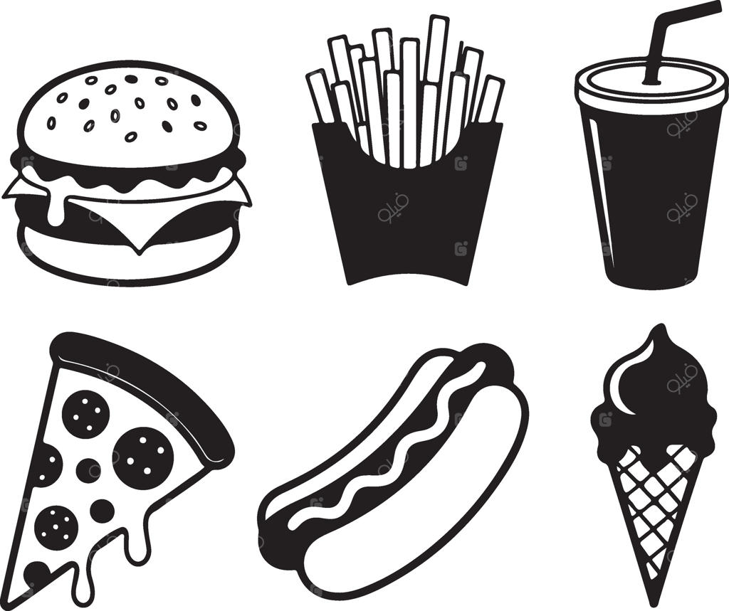 مجموعه‌ای از نمادهای فست فود: همبرگر، سیب‌زمینی سرخ‌کرده و نوشابه