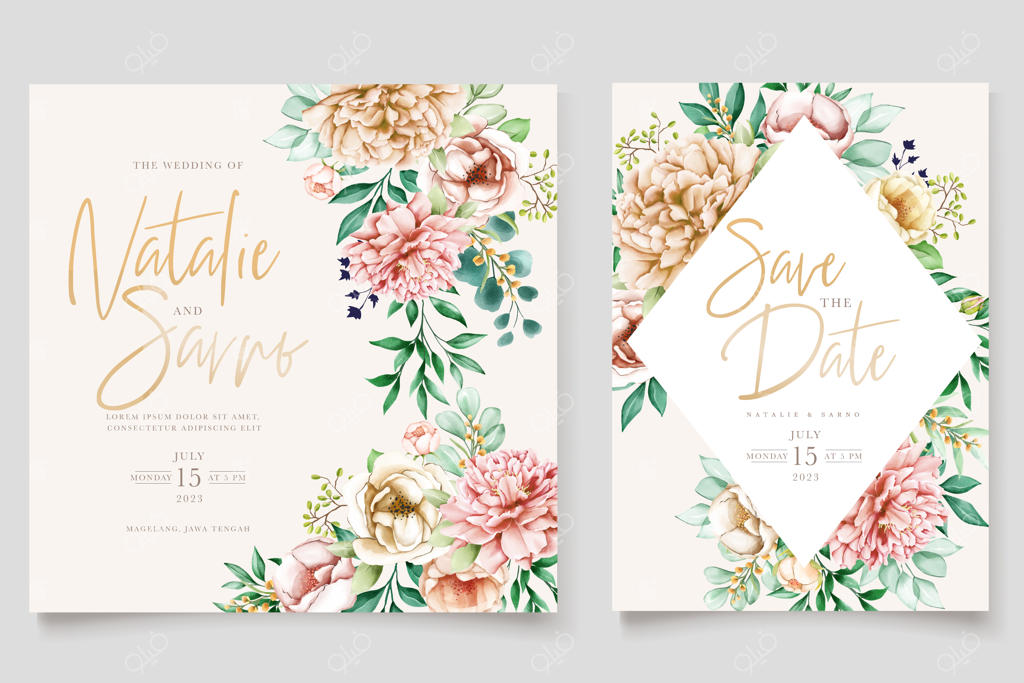 مجموعه کارت عروسی با طرح‌های دست‌کشیده گل‌دار