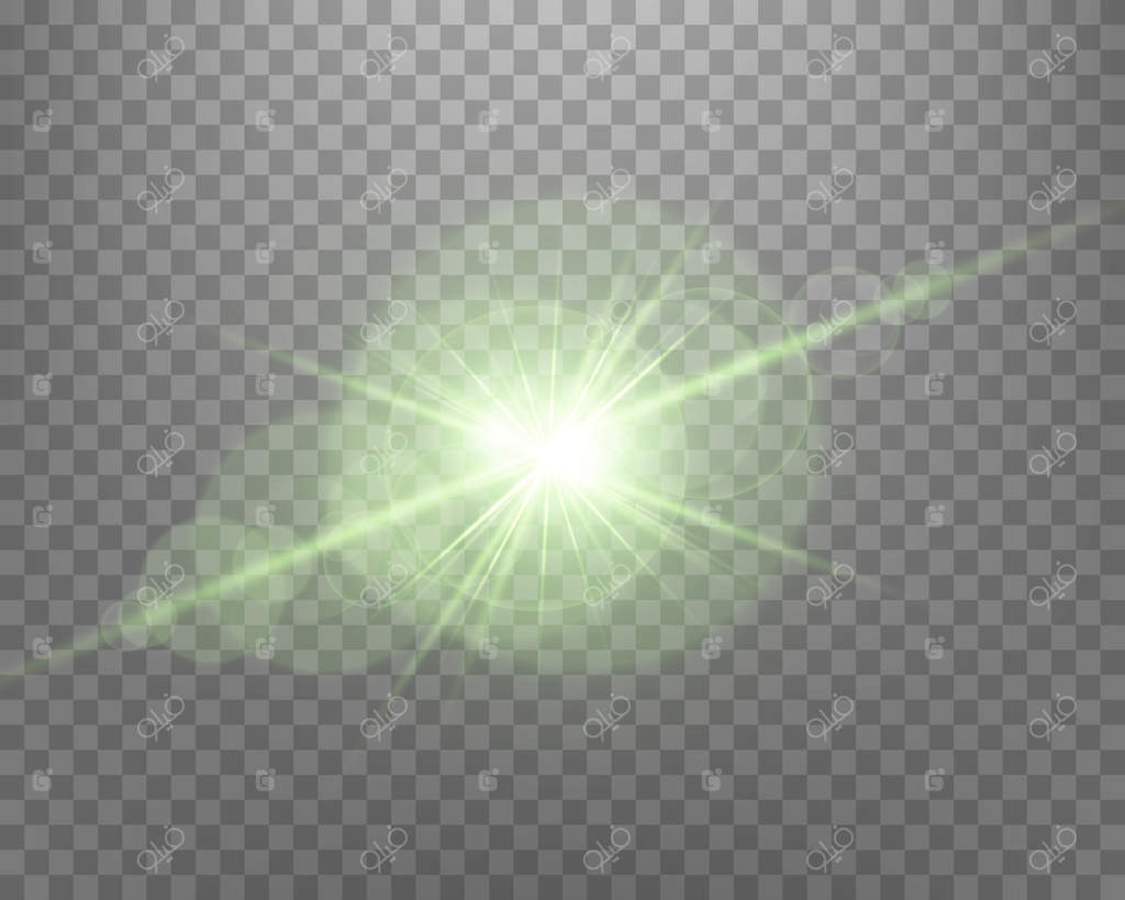 نور خورشید سبز، درخشش شعاع‌ها و انفجار نورانی در پس‌زمینه شفاف - تصویرسازی وکتور