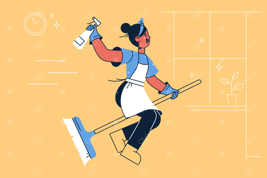 تصویر خانه‌دار خوشحال بر جارو