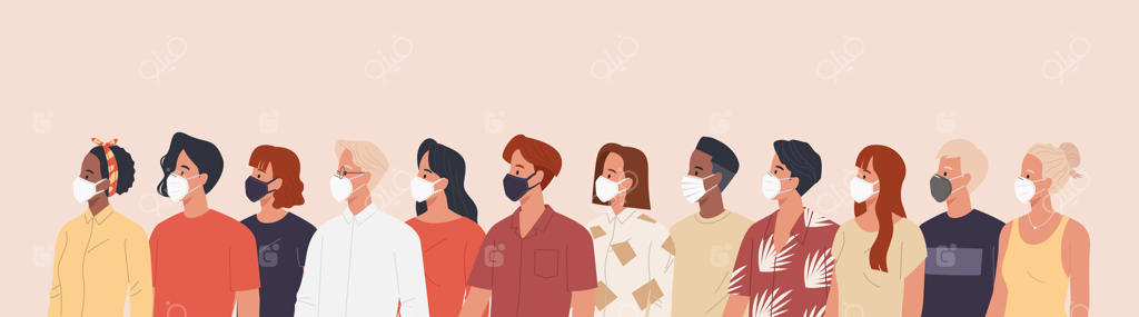 گروهی از افراد با ماسک‌های پزشکی برای پیشگیری از بیماری، آنفولانزا و آلودگی هوا - تصویرسازی به سبک تخت