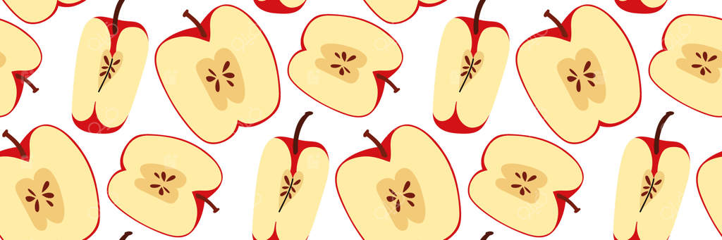 پترن پیوسته با سیب قرمز: نصف‌شده با هسته و یک‌چهارم سیب. زمینه باغ تابستانی و پاییزی. مناسب برای پارچه، منو، بسته‌بندی و طراحی آشپزخانه. تصویرسازی تخت