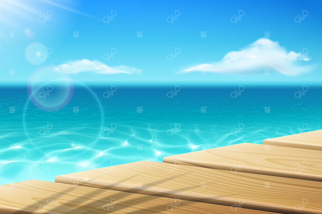 اسکله‌ای نزدیک اقیانوس یا دریای آرام و آسمانی با آفتاب کم‌رمق و سایه نخل‌های نزدیک آب و ابرها