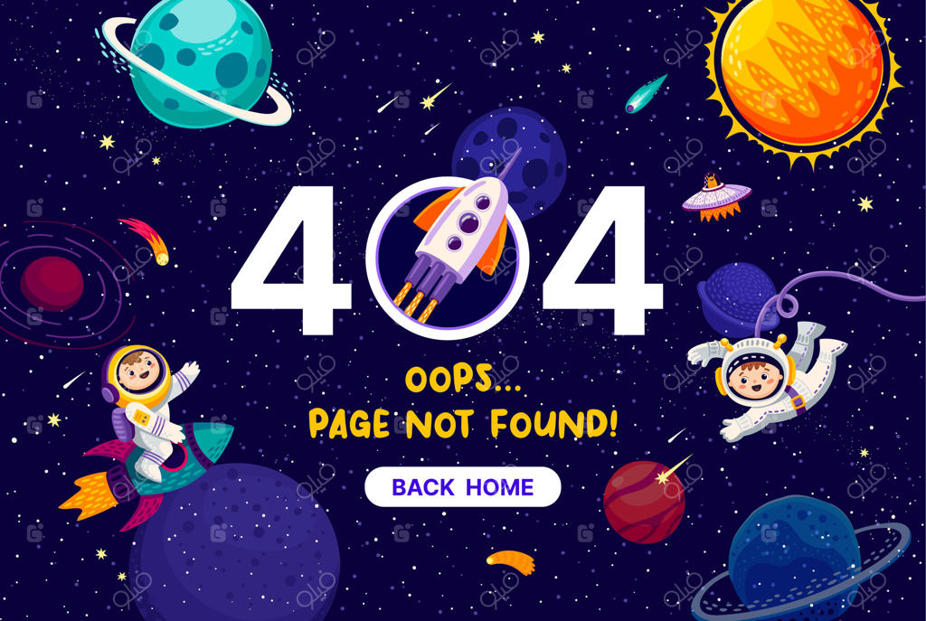 صفحه ۴۰۴، منظره‌ای کهکشانی در فضا به همراه فضانوردان