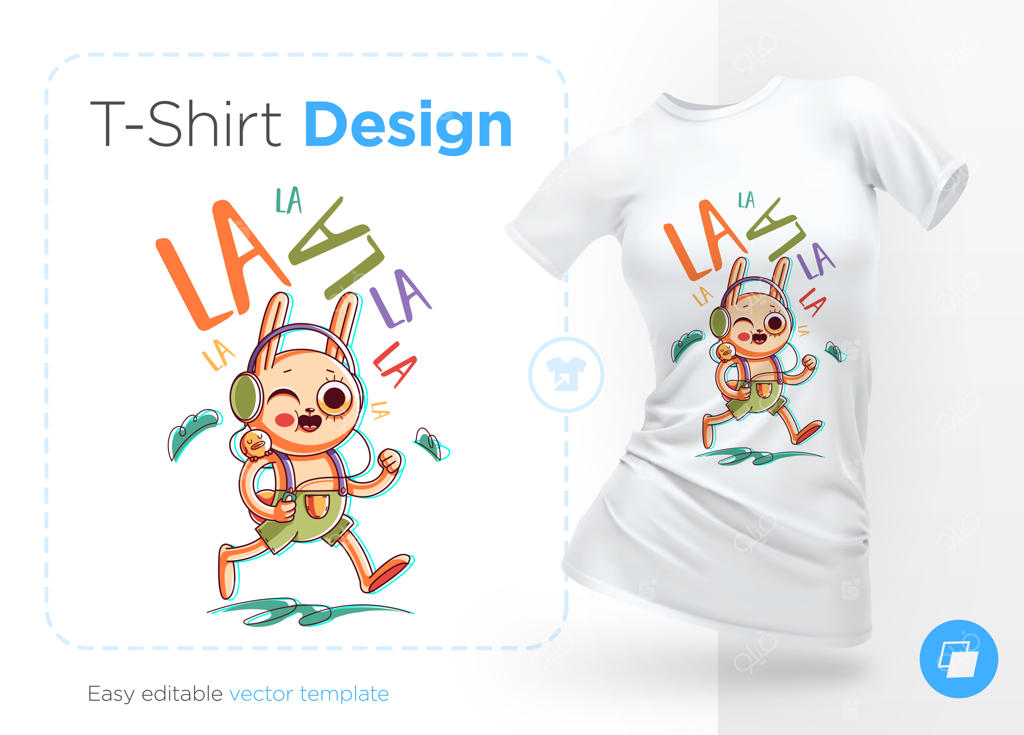 تصویر خرگوش بامزه در حال گوش دادن به موسیقی و آواز خواندن - طراحی روی تیشرت