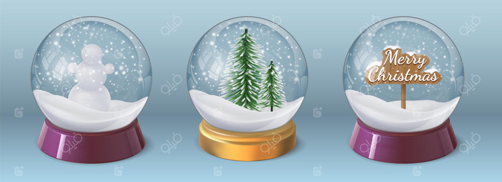 توپ برفی کریستالی واقع‌گرا با آدم‌برفی و درخت کریسمس. کره شیشه‌ای با تزئینات زمستانی. مجموعه وکتور توپ برفی کریسمس سه‌بعدی. اسباب‌ بازی براق با دانه‌های برف برای هدیه