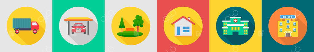 مجموعه‌ای از ۶ آیکون املاک شامل کامیون، گاراژ، باغ