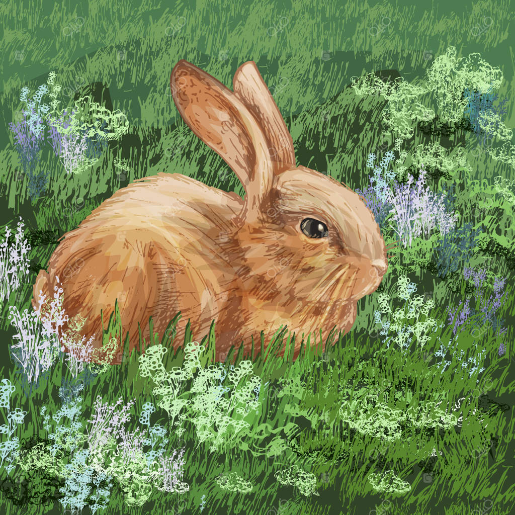 خرگوش روی چمن سبز و گل‌ها دراز کشیده است. تصویرسازی هاشور رنگی به سبک وینتیج.