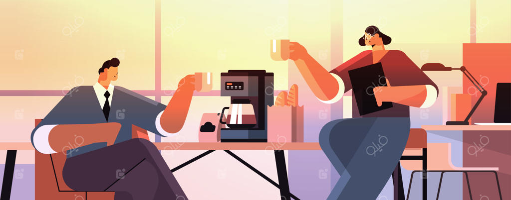 زوجی از کسب‌وکارها در حال نوشیدن قهوه در جلسه: مفهوم استراحت قهوه در دفتر کار