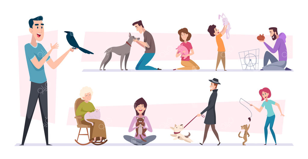 صاحبان حیوانات خانگی: سگ‌ها، گربه‌ها و زندگی شاد با انسان‌ها - مجموعه تصاویر کارتونی وکتور دقیق از حیوانات خانگی، توله سگ‌های خنده‌دار، پرندگان و ماهی‌ها