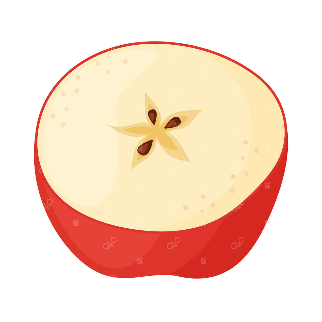 سیب قرمز و رسیده: میوه تازه باغ. نقاشی دستی از سیب: نیمه و برش خورده، سبک ساده، پس‌زمینه شفاف.