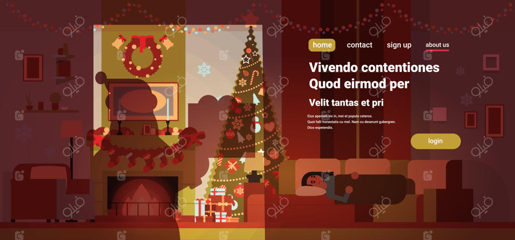 سایه بابانوئل در حال پنهان‌کاری در اتاق پذیرایی تزیین‌شده برای تعطیلات کریسمس و سال نو، زن در حال خواب روی مبل، درخت کاج، شومینه، دکوراسیون داخلی خانه، فضای تخت و باز