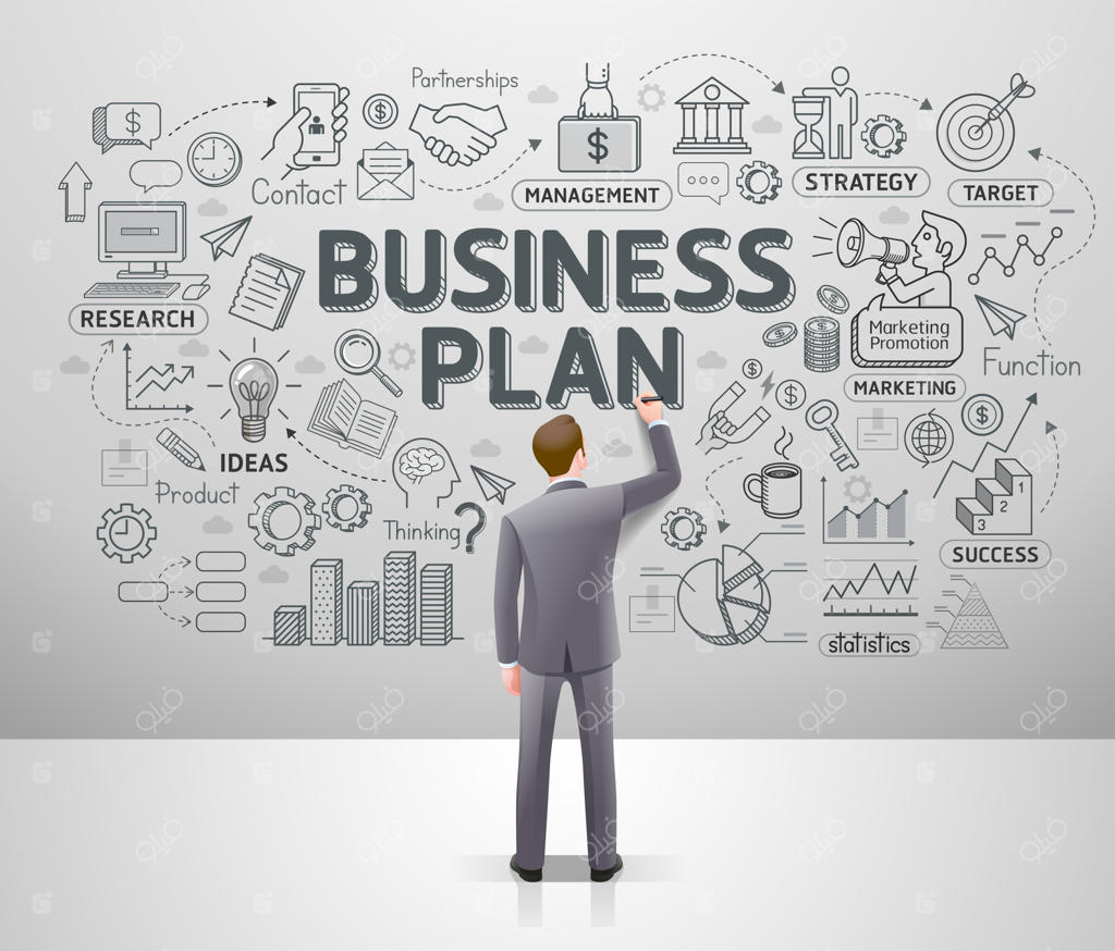 تاجر در حال کشیدن طرح‌های ایده کسب‌وکار بر روی دیوار