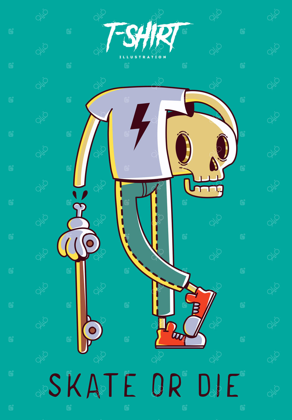 اسکیت‌باز اسکلت بامزه - چاپ روی تی‌شرت، سویشرت و سوغاتی‌ها. تصویرسازی وکتور.