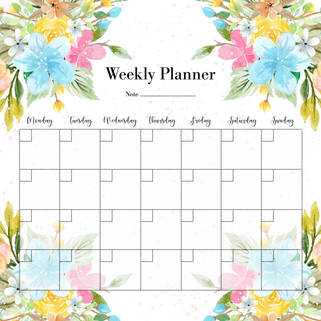 برنامه‌ریز هفتگی رنگارنگ با پس‌زمینه گل‌های آبرنگی بهاری