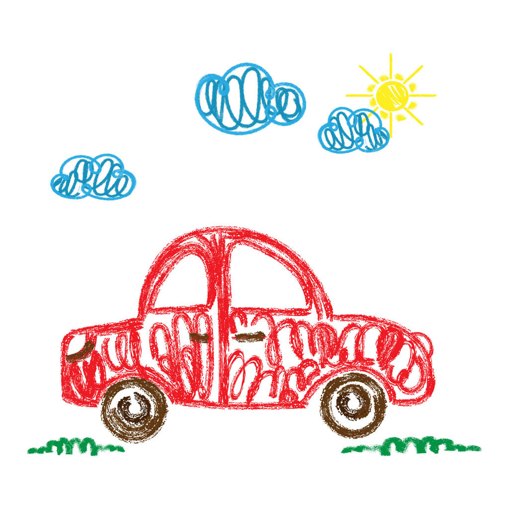 طراحی کودکانه ماشین قرمز با خورشید و ابرها برای پوستر کتاب‌های کودکان، مواد آموزشی و پروژه‌های خلاقانه - تصویرسازی