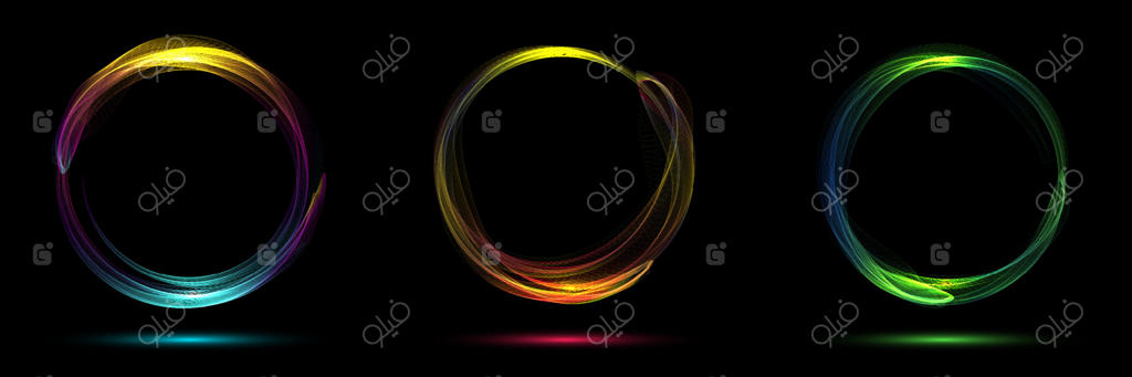 مجموعه‌ای از دایره‌های نئون درخشان به شکل دود دورانی با خطوط موج‌دار پویا در زمینه سیاه - مفهوم فناوری