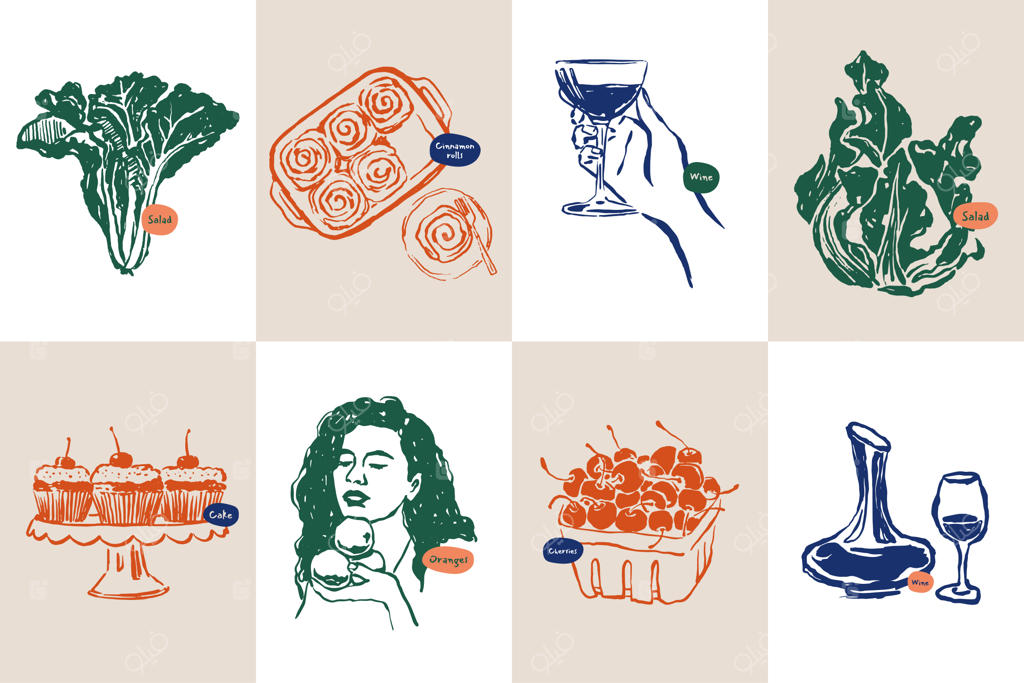 مجموعه تصویرسازی وکتور غذا و نوشیدنی با طراحی دستی و مینیمال
