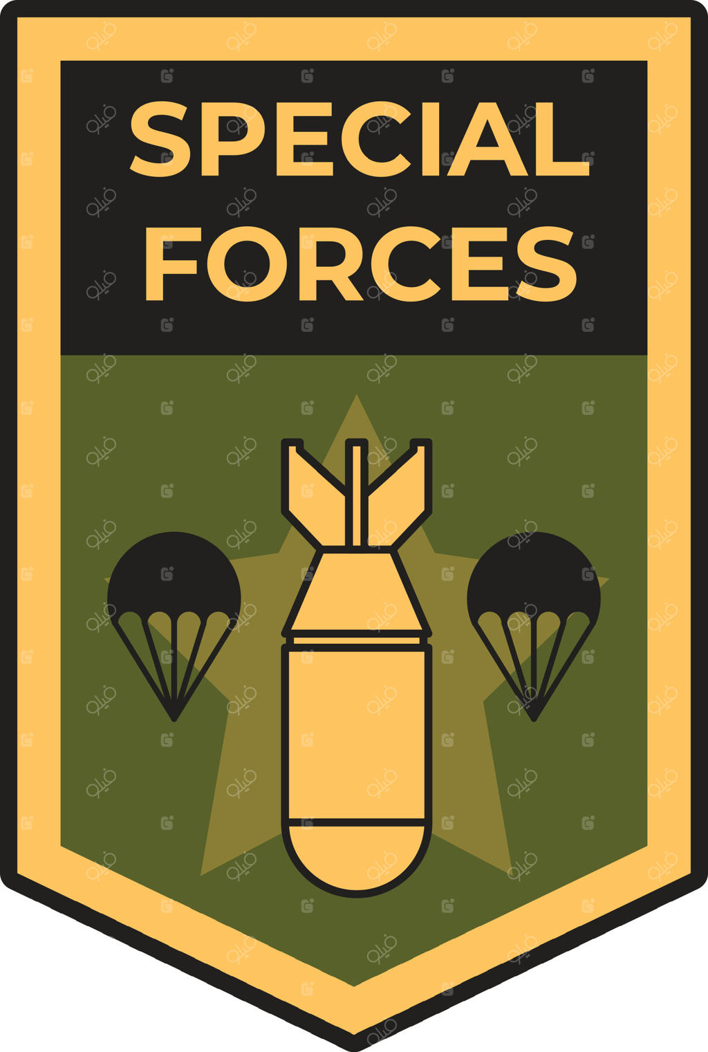 لوگوی نیروهای ویژه با تصویر بمب و چتر نجات، بر زمینه‌ای نظامی برای عملیات هوابرد و استراتژیک