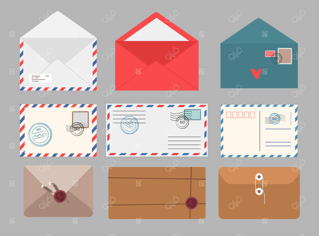 مجموعه‌ای از تصاویر وکتور پاکت‌های دست‌ساز. مجموعه نامه‌ها با تمبرها، پاکت‌هایی برای کارت‌های تبریک تولد یا کارت‌پستال، بر روی زمینه خاکستری. مفهوم ارتباطات، نامه‌نگاری و لوازم‌التحریر.