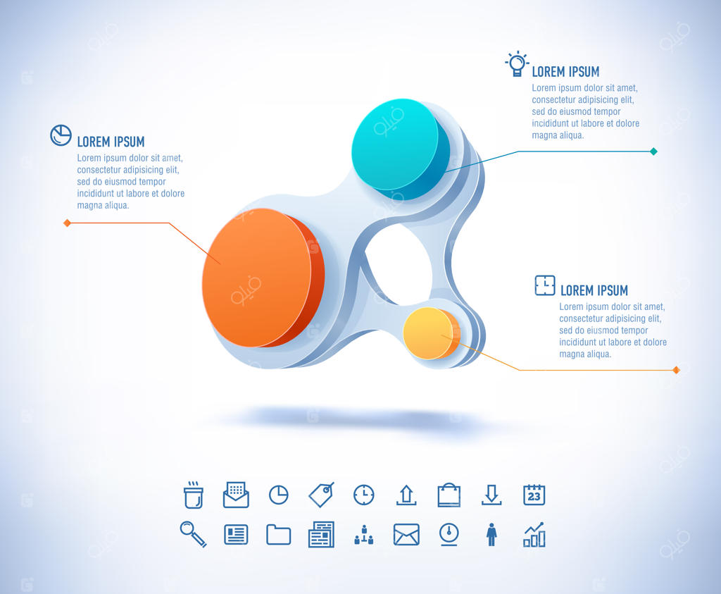 قالبی با سبک مدرن: اینفوگرافیک سه‌بعدی و رنگارنگ با اتصال دایره‌های تجاری. تصویر استوک.