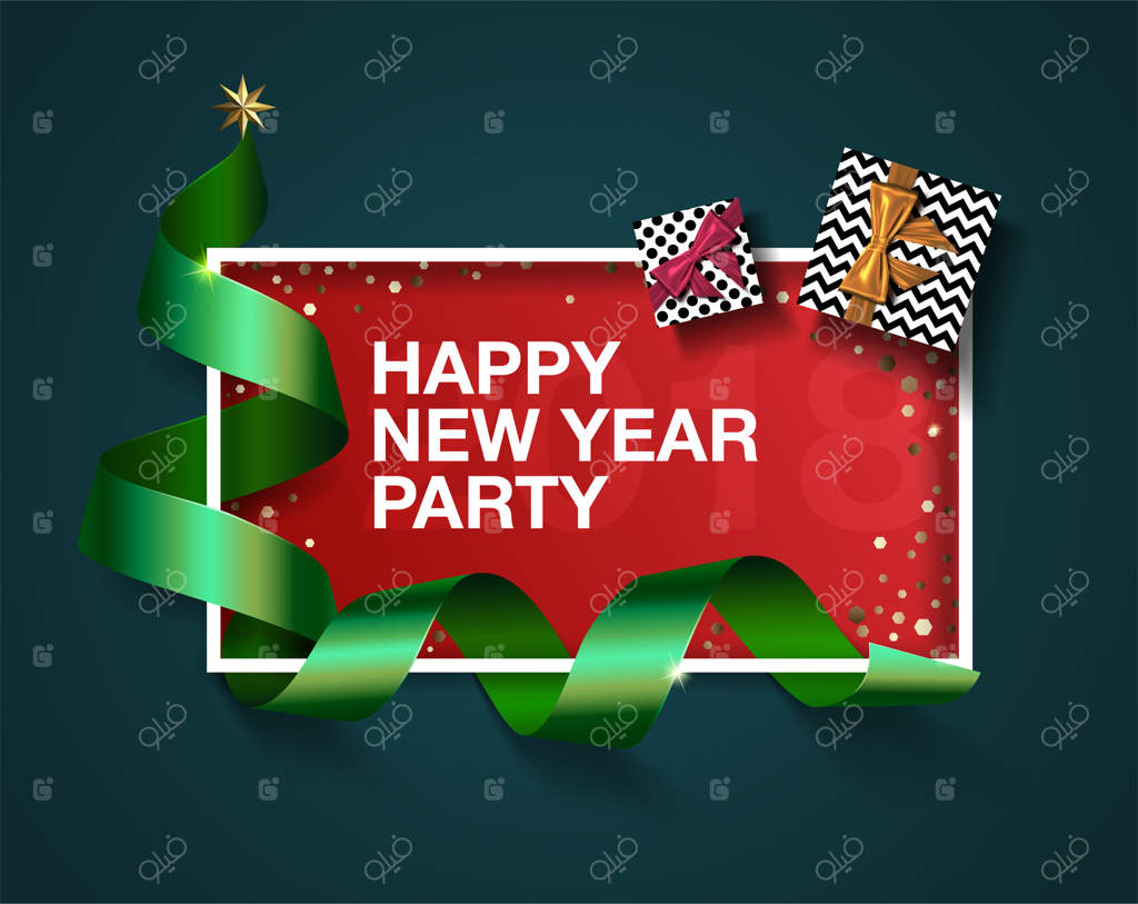 جشن سال نو مبارک، روبان سبز واقعی، جایگاه متن در قاب، کاغذ رنگی، هدیه کریسمس.