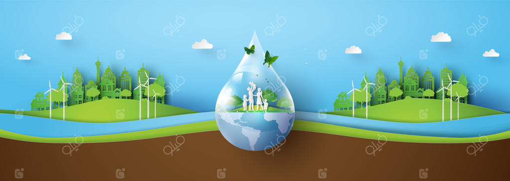 پرچم محیط زیست و اکولوژی با شهر سبز. هنر کاغذ و سبک هنر دیجیتال.