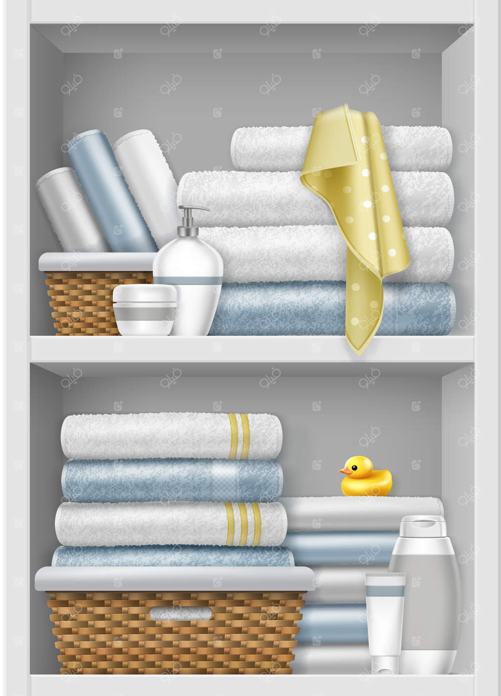 تصویری از قفسه با حوله‌های تا شده در سبد حصیری