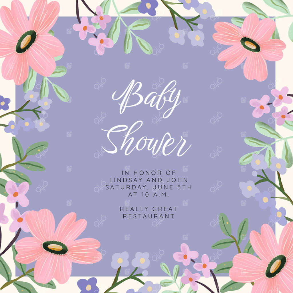 قالب جشن نوزاد با قاب گل‌های یاسی و صورتی