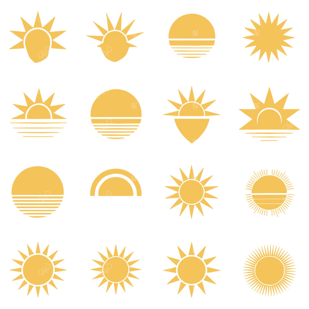 مجموعه‌ای از طرح‌ها و نمادهای خورشید با رنگ زرد