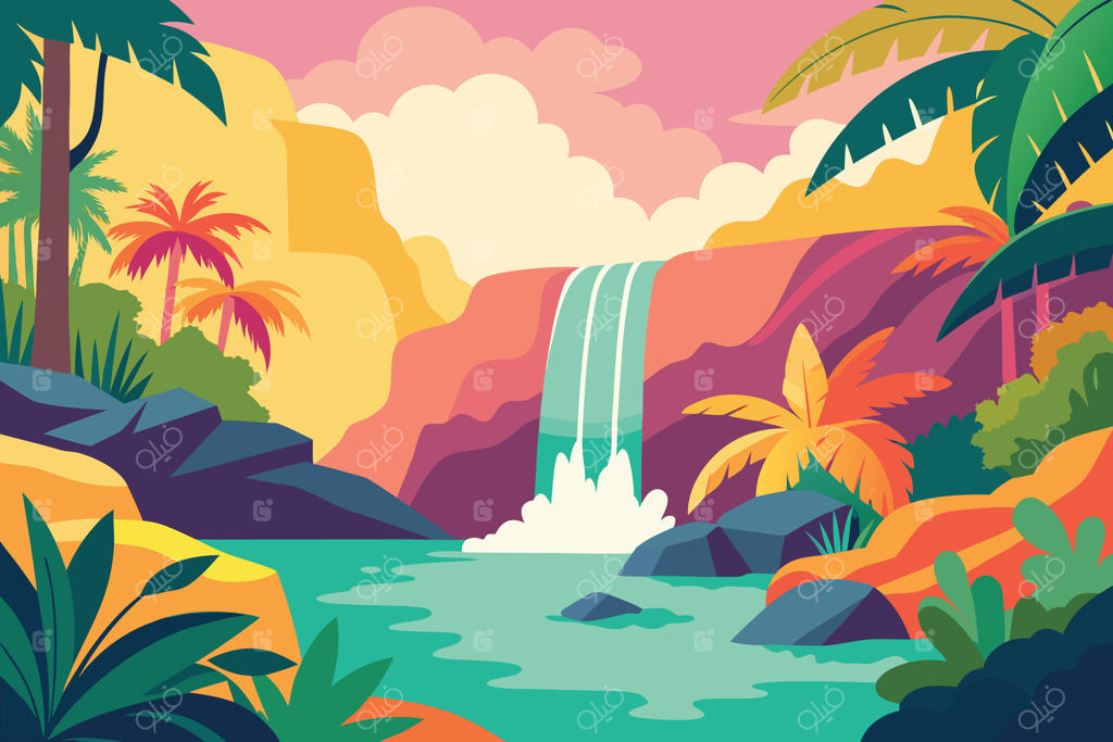 آبشار کارتونی و شاداب گرمسیری با درختان نخل و صخره‌های رنگارنگ - تصویرسازی
