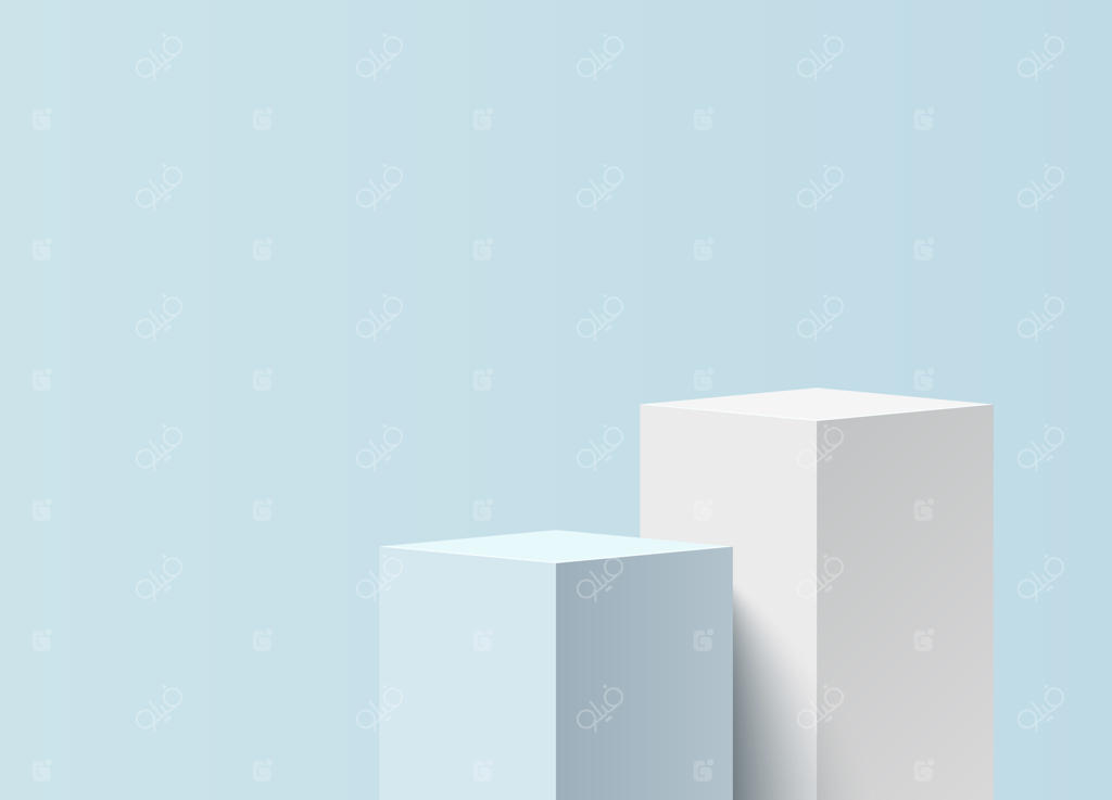 وکتور سه بعدی و واقعی سکوهای مکعبی سفید و آبی در فضای استودیویی انتزاعی با طراحی هندسی و تم مینیمال پاستلی برای نمایش و تبلیغ محصولات