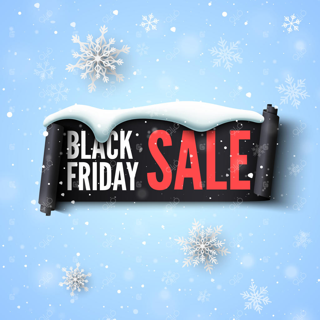 بنر حراج جمعه سیاه با روبان، کلاه برفی و دانه‌های برف.