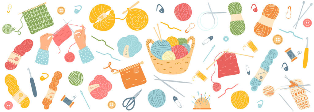 مجموعه دستی لوازم بافتنی: تصویر برداری از نخ، سنجاق‌ها، دکمه‌ها، نخ‌ و سوزن، قلاب‌بافی، قرقره، جای سنجاق، قیچی - مفهوم سرگرمی و وقت آزاد