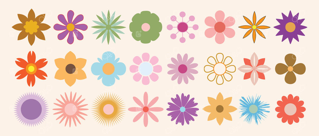 مجموعه گل‌های انتزاعی دیزی. آیکون بابونه به سبک کارتونی، گل‌های بهاری قدیمی. مجموعه گل‌های هندسی. عناصر مینیمال دیزی. عناصر گیاهی تابستانی، گلبرگ‌های طبیعی